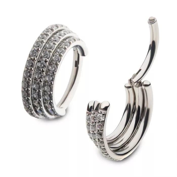 16g Titanium with Pave Set 48pcs Round Clear CZ Triple Stacked Side Facing Hinged Segment Clicker