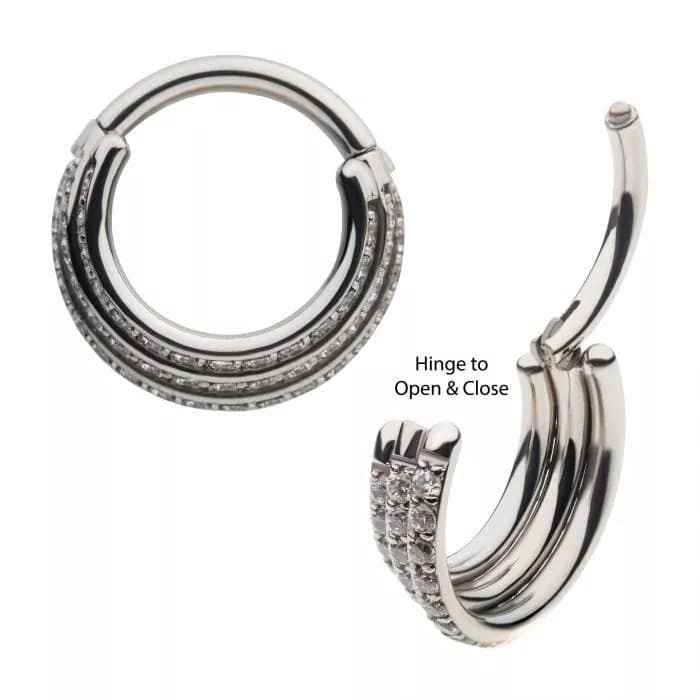 16g Titanium with Pave Set 48pcs Round Clear CZ Triple Stacked Side Facing Hinged Segment Clicker
