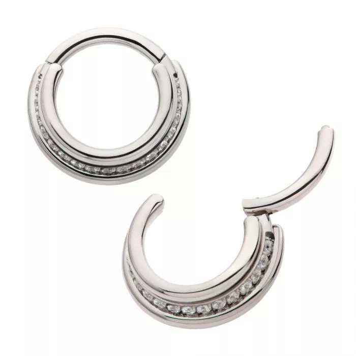 Titanium Terraced Triple Stack with 1mm CNC Set Full Clear CZ Front Facing Hinged Segment Clicker