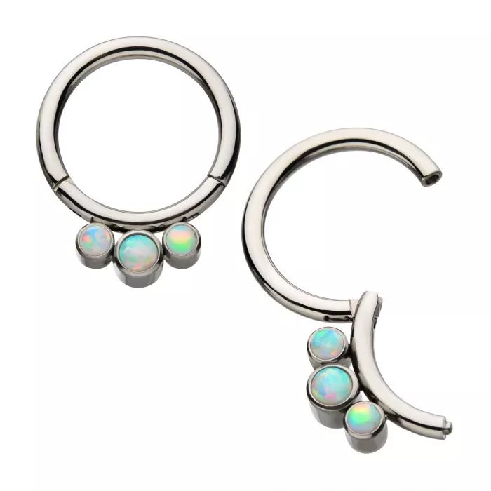 Titanium Petite 3 Synthetic White Opal Stones Set On Hinged Segment Clicker