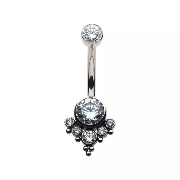 Titanium Internally Threaded with Tri Bead Bezel Set CZ Terraced Cluster Navel Curve