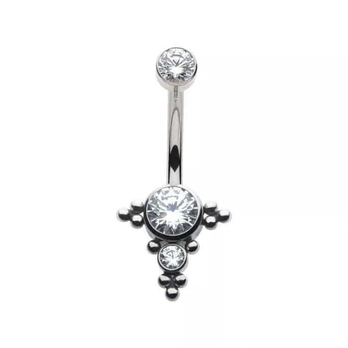 Titanium Internally Threaded with Multi Tri Beads Bezel Set CZ Cluster Navel Curve