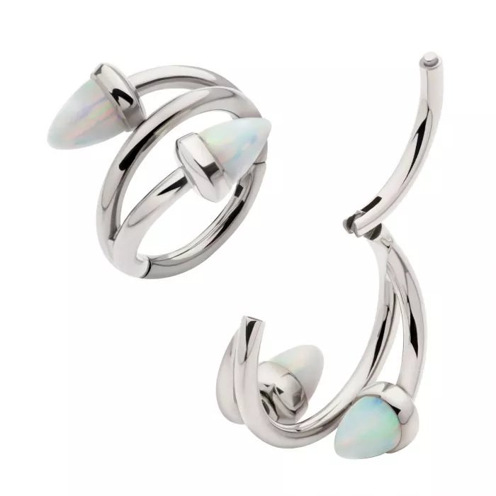 Titanium Double Ended Twist Side Facing Hinged Segment Clicker with Spike White Opal