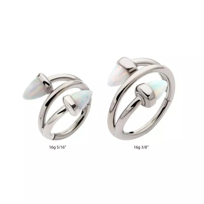 Titanium Double Ended Twist Side Facing Hinged Segment Clicker with Spike White Opal