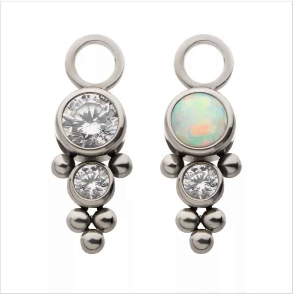 Titanium with Bezel Set CZ/Synthetic Opal & Trinity Ball Edge 2-Cluster Charm