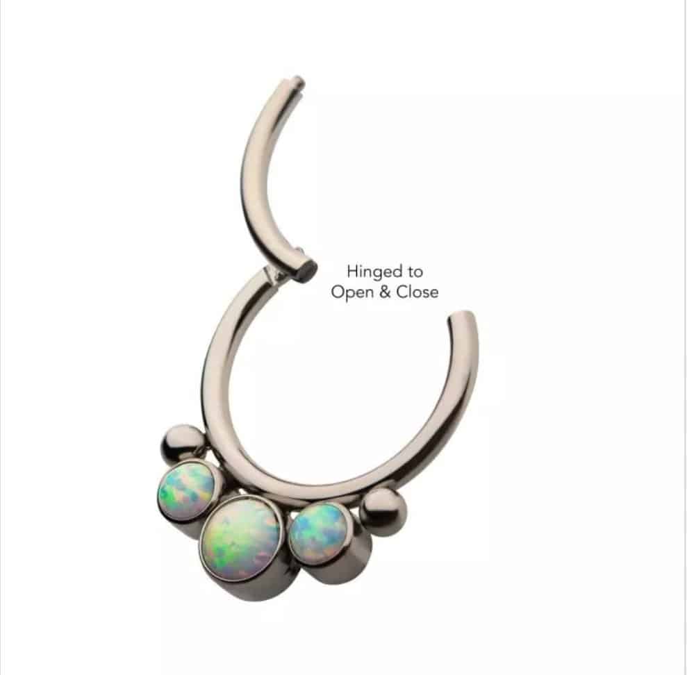 Titanium with Bezel Set 3 White Synthetic Opal & 2 Beads Front Facing Hinged Segment Clicker