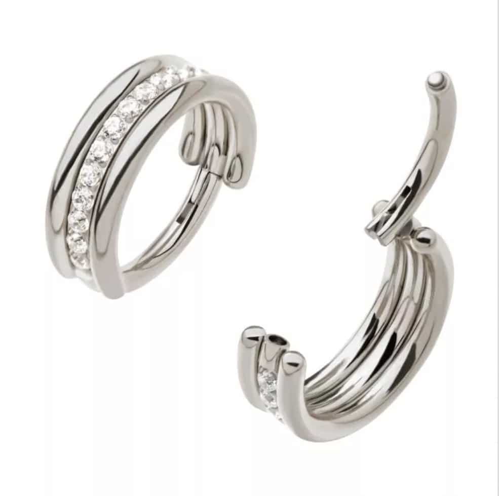 Titanium Triple Stacked with CNC Set CZ Center Line Side Facing Hinged Segment Clicker