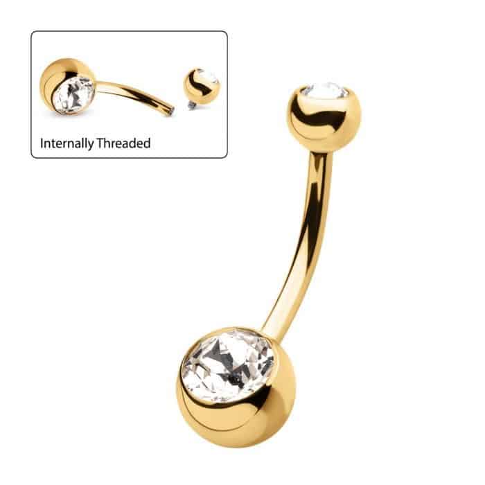 24Kt Gold PVD Titanium Internally Threaded Swarovski Clear Crystal Fixed Bottom Navel