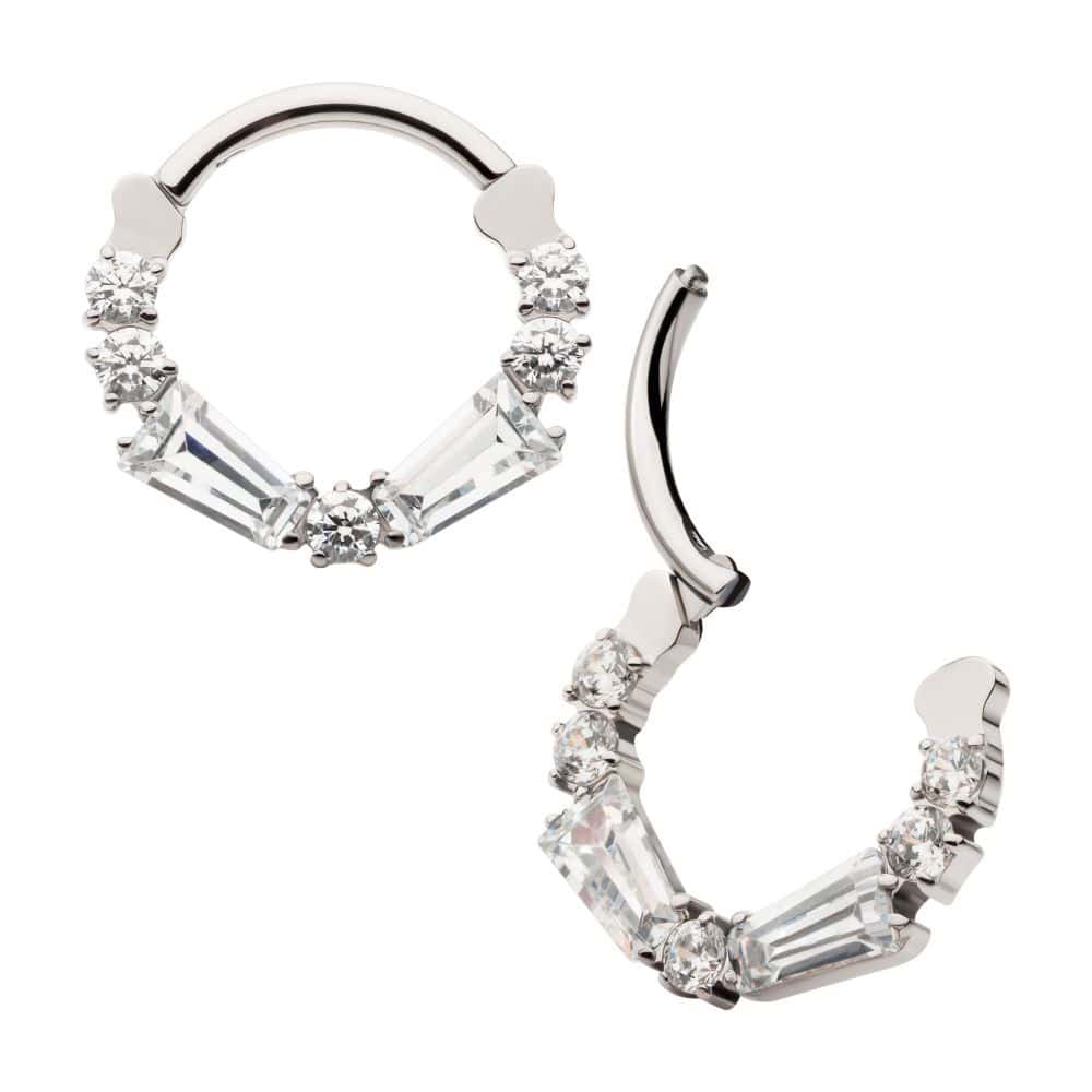 Titanium Clustered Prong Set Baguette & Round CZ Front Facing Hinged Segment Clicker