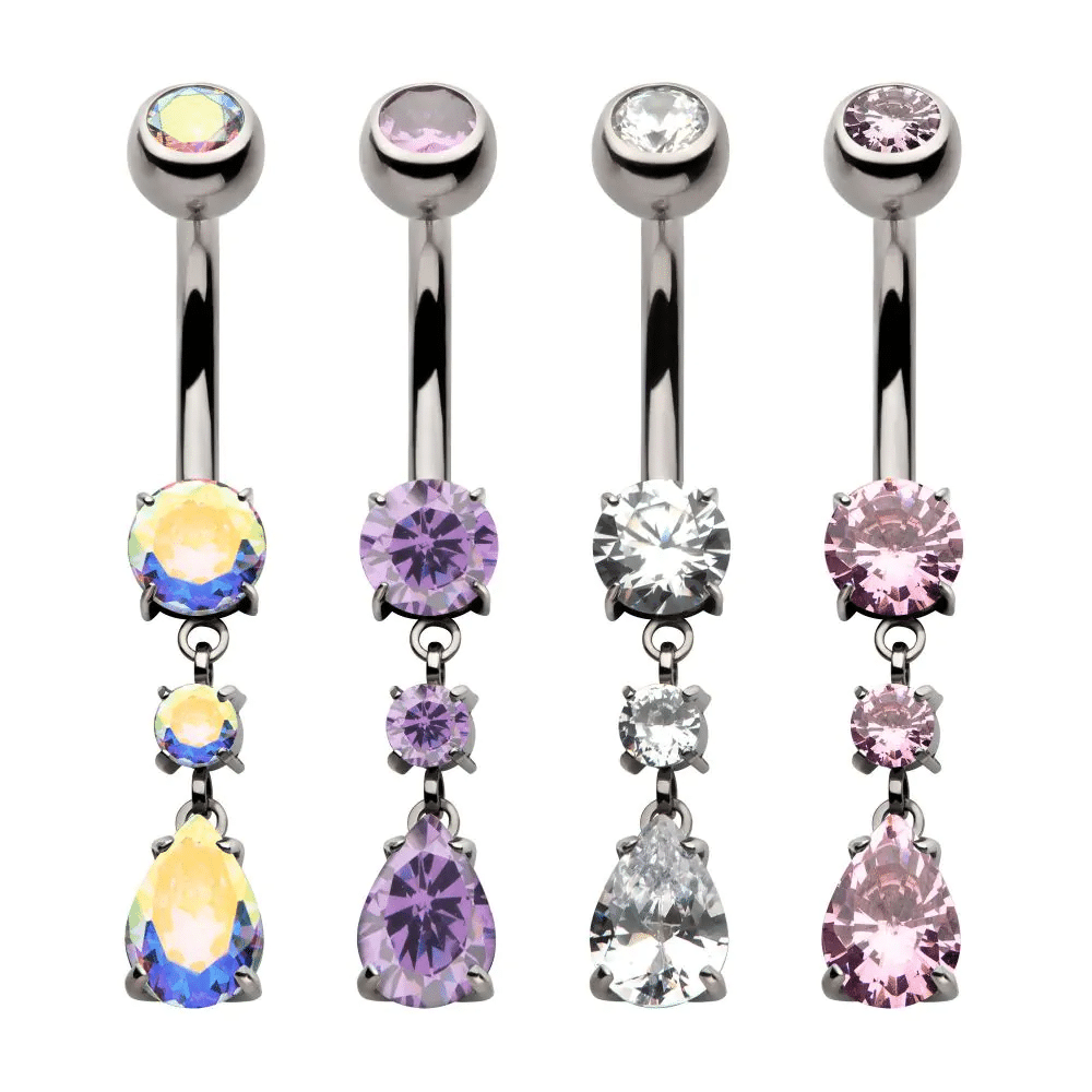 Titanium Internally Threaded Bezel Set Top with 4 Prong Set Round & Teardrop CZ Dangle Navel Ring