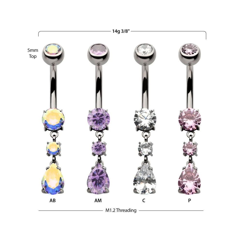Titanium Internally Threaded Bezel Set Top with 4 Prong Set Round & Teardrop CZ Dangle Navel Ring