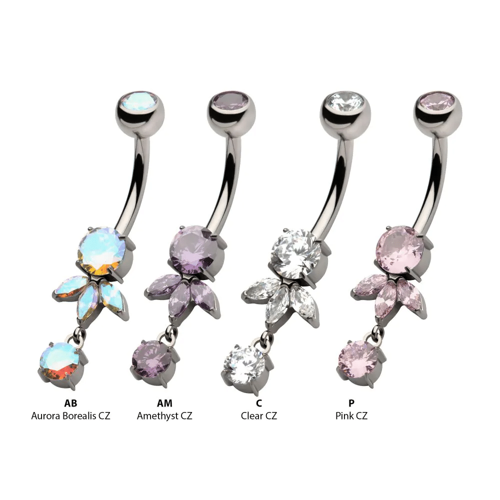 Titanium Internally Threaded Prong Set Round and Triple Marquise Gem Fan Navel with Round Gem Dangle