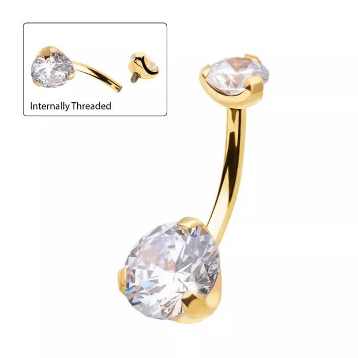 24KT Gold PVD Titanium Internally Threaded Double Prong Set Clear CZ Fixed Bottom Navel