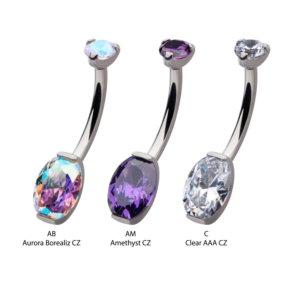 Titanium Internally Threaded Round CZ Top with Oval CZ Fixed Bottom Navel
