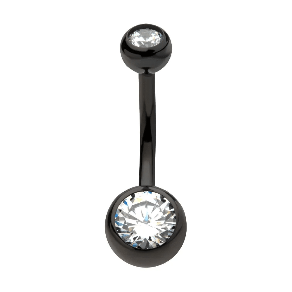 Black PVD Titanium Internally Threaded Bezel Set Double CZ Fixed Bottom Navel Ring