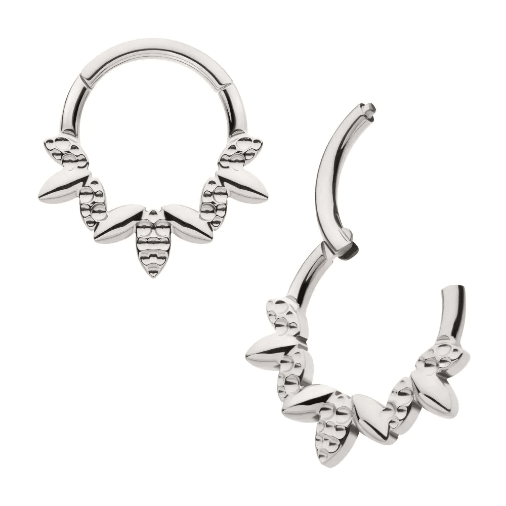 Titanium Clustered Hammered & Shiny 3-Petal Flower Front Facing Hinged Segment Clicker
