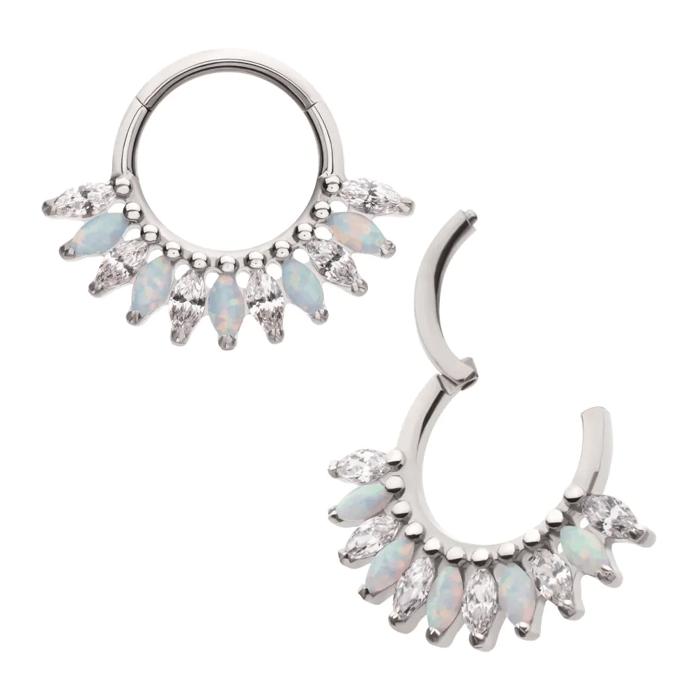 Titanium Prong Set Marquise Gem & Opal Cluster Fan Front Facing Hinged Segment Clicker