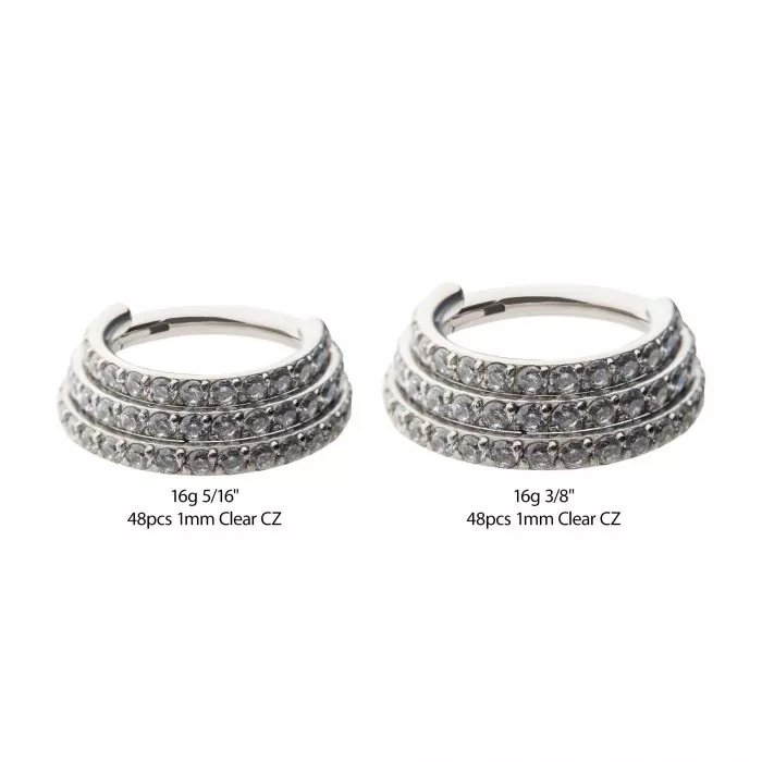 16g Titanium with Pave Set 48pcs Round Clear CZ Triple Stacked Side Facing Hinged Segment Clicker