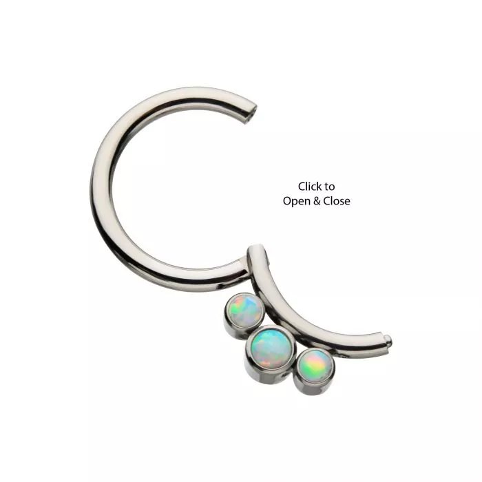 Titanium Petite 3 Synthetic White Opal Stones Set On Hinged Segment Clicker
