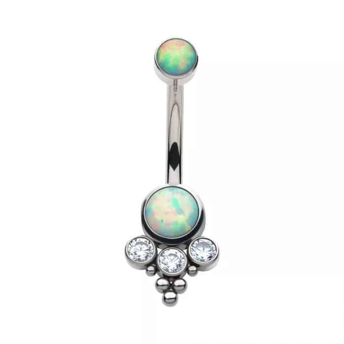 Titanium Internally Threaded with Tri Bead Bezel Set Opal &amp; CZ Terraced Cluster Navel Curve