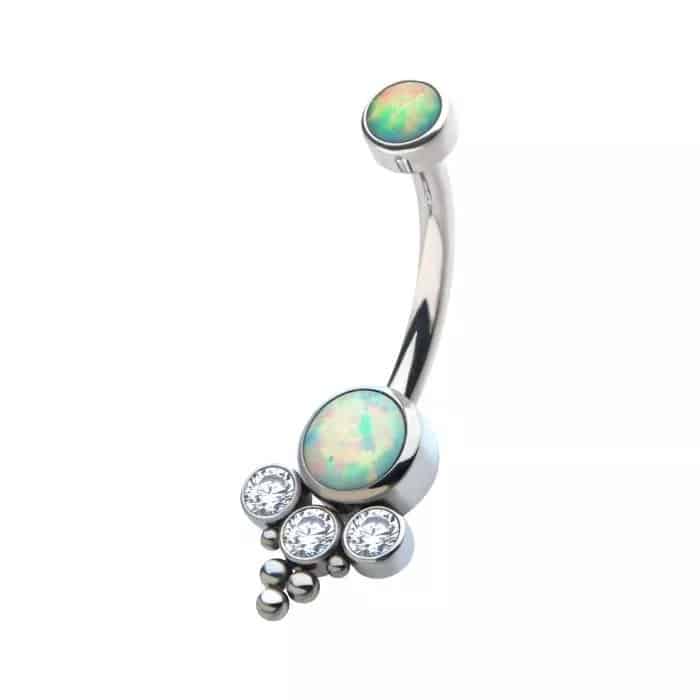 Titanium Internally Threaded with Tri Bead Bezel Set Opal &amp; CZ Terraced Cluster Navel Curve