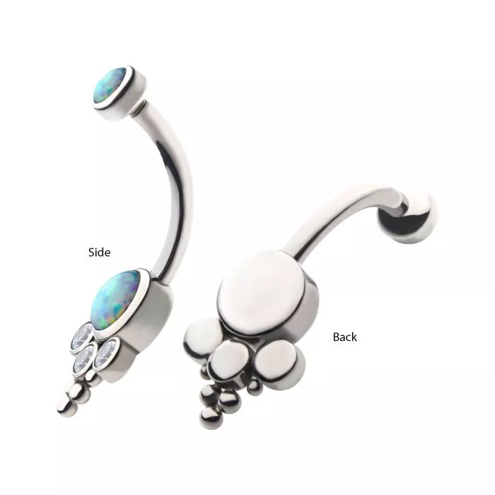 Titanium Internally Threaded with Tri Bead Bezel Set Opal &amp; CZ Terraced Cluster Navel Curve