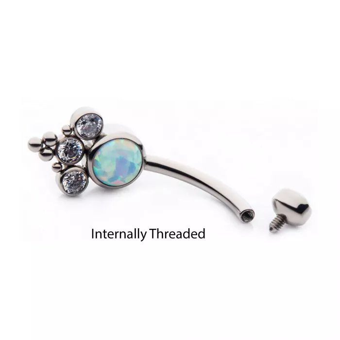 Titanium Internally Threaded with Tri Bead Bezel Set Opal &amp; CZ Terraced Cluster Navel Curve