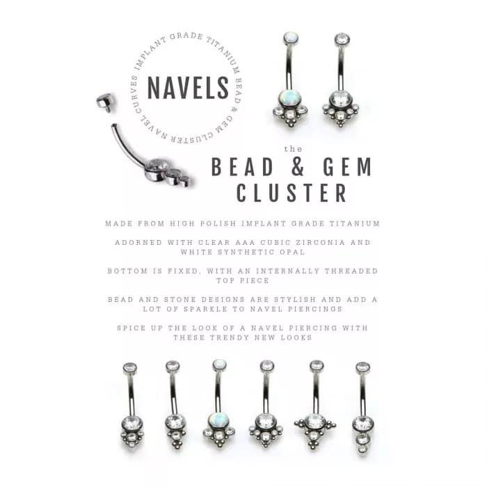 Titanium Internally Threaded with Tri Bead Bezel Set Opal &amp; CZ Terraced Cluster Navel Curve