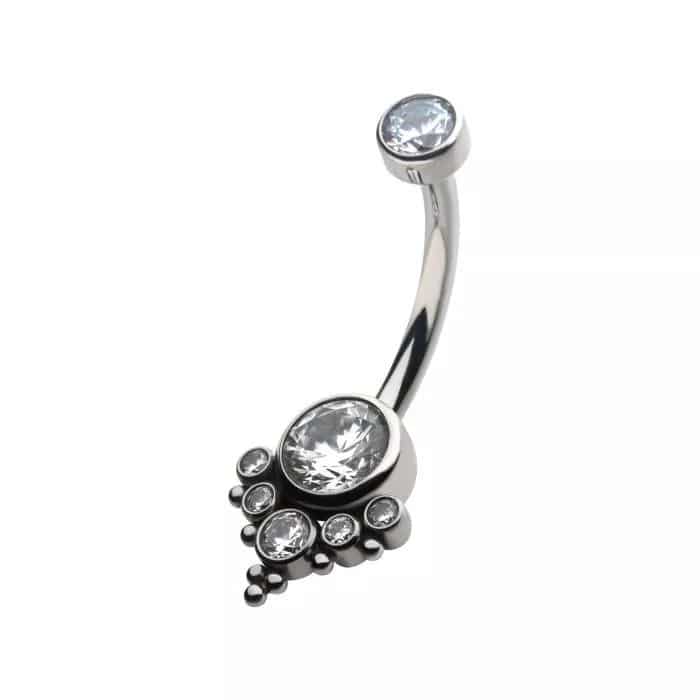 Titanium Internally Threaded with Tri Bead Bezel Set CZ Terraced Cluster Navel Curve