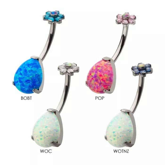 Titanium Internally Threaded with Prong Set AAA CZ & Synthetic Opal Flower Top and Teardrop Bottom Fixed Navel