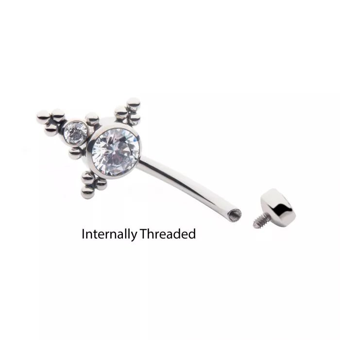 Titanium Internally Threaded with Multi Tri Beads Bezel Set CZ Cluster Navel Curve