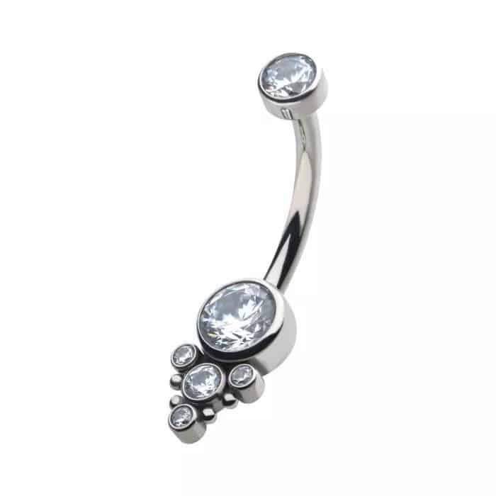 Titanium Internally Threaded with Beaded Bezel Set CZ Terraced Cluster Navel Curve