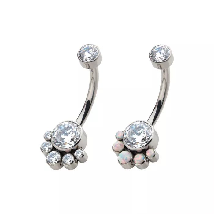Titanium Internally Threaded with 5pcs Bezel Set Round CZ/Synthetic Opal Terraced Cluster Fixed Navel