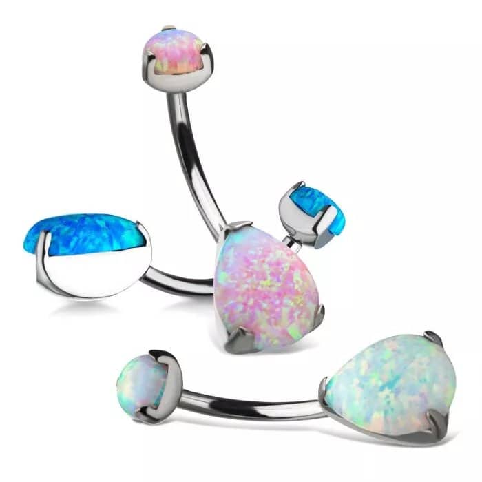 Titanium Internally Threaded Double Opal 3-Prong Teardrop Navel Curves