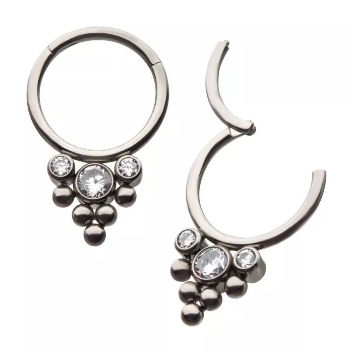 Titanium 3-Clear CZ Gem with 5-Beads Hinged Segment Clicker