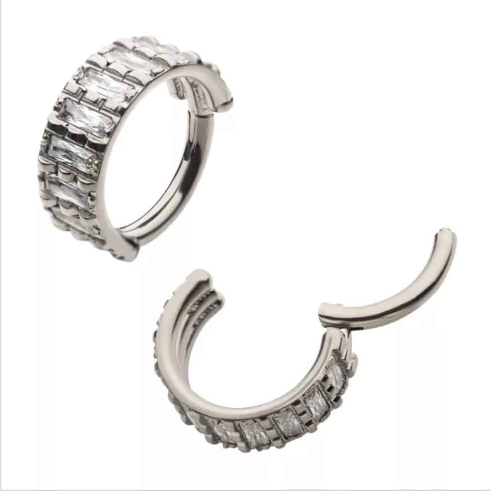 Titanium with Step Cut Multi Clear CZ Side Facing Hinged Segment Clicker