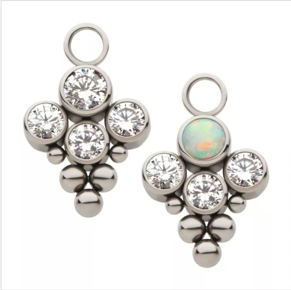 Titanium with Bezel Set CZ/Synthetic Opal & Trinity Ball Edge Terraced Cluster Charm