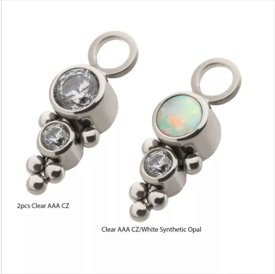 Titanium with Bezel Set CZ/Synthetic Opal &amp; Trinity Ball Edge 2-Cluster Charm