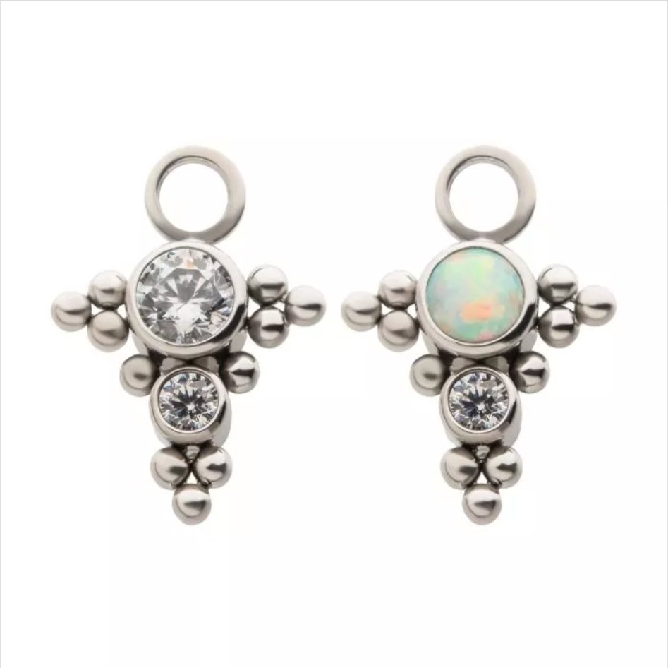 Titanium with Bezel Set CZ/Synthetic Opal &amp; Multi Trinity Ball Edge 2-Cluster Charm