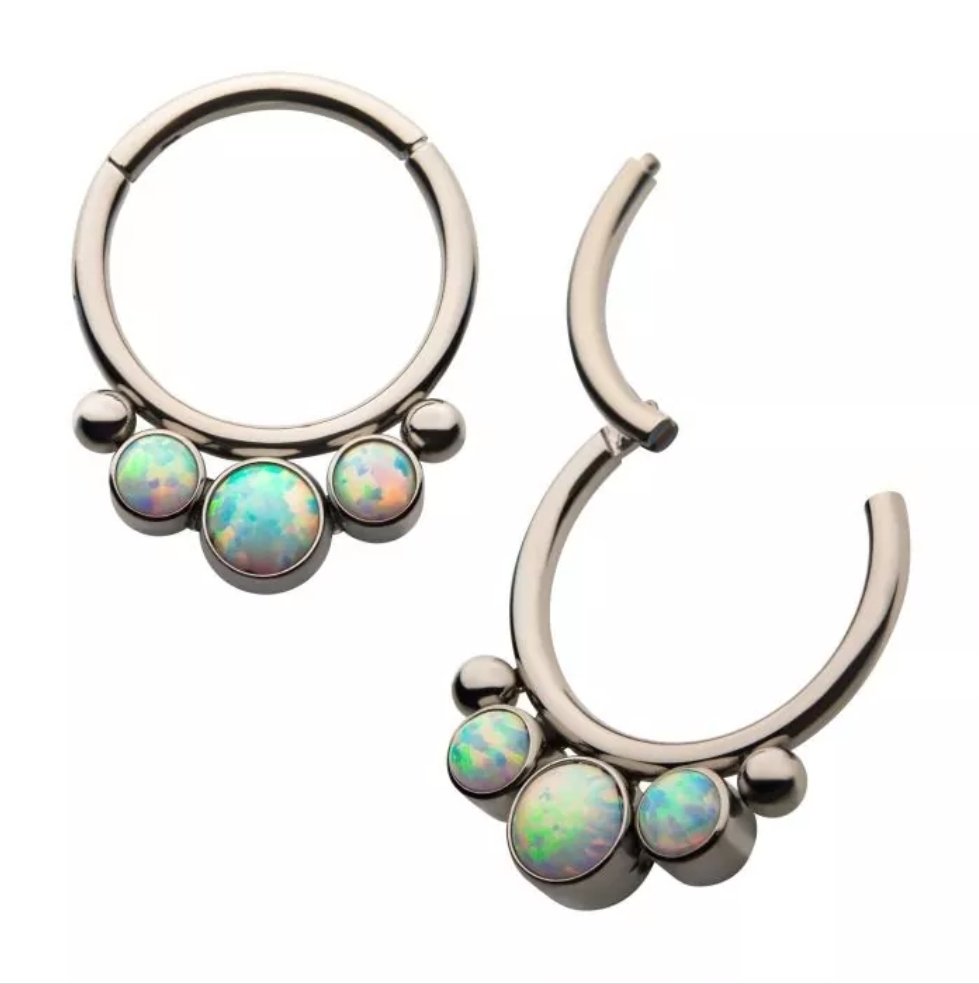 Titanium with Bezel Set 3 White Synthetic Opal &amp; 2 Beads Front Facing Hinged Segment Clicker