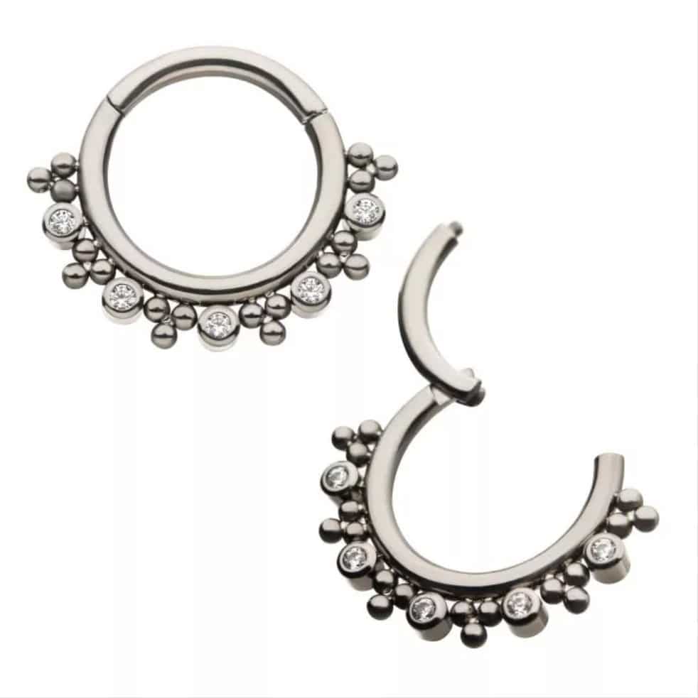 Titanium with Alternating Bezel Set CZ &amp; Trio Beads Cluster Front Facing Hinged Segment Clicker