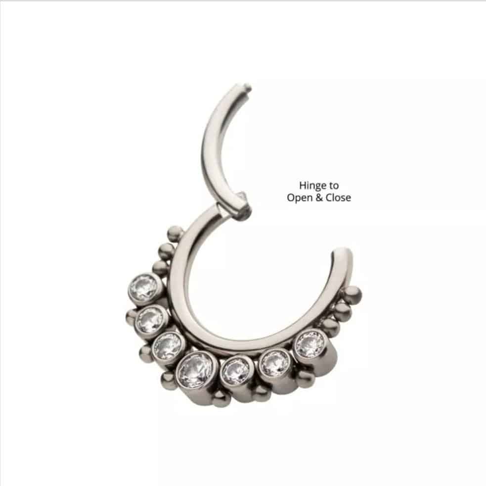 Titanium with 7 Cluster Bezel Set CZ &amp; Beads Front Facing Hinged Segment Clicker