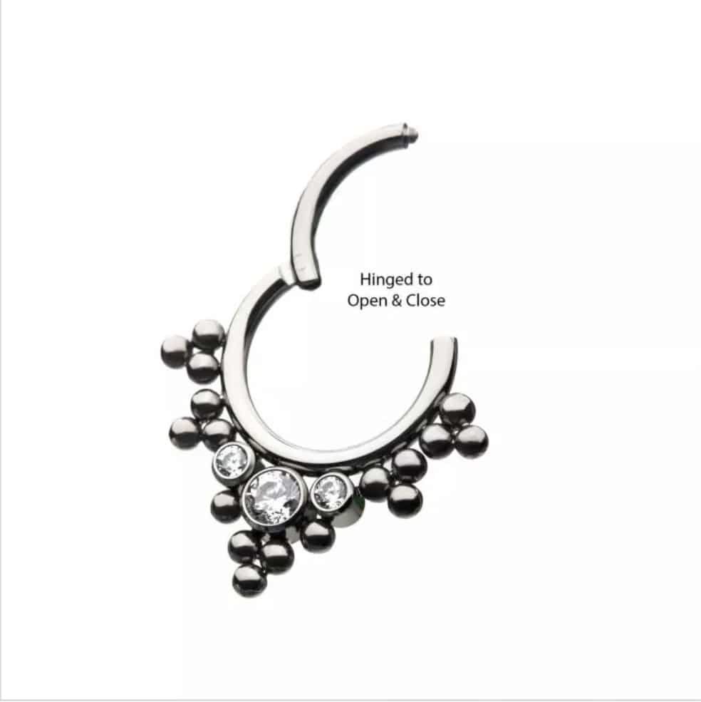 Titanium with 3 Cluster Bezel Set CZ/Opal &amp; Trio Beads V-Shape Front Facing Hinged Segment Clicker