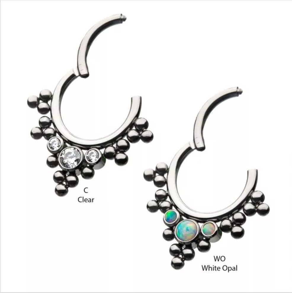 Titanium with 3 Cluster Bezel Set CZ/Opal &amp; Trio Beads V-Shape Front Facing Hinged Segment Clicker