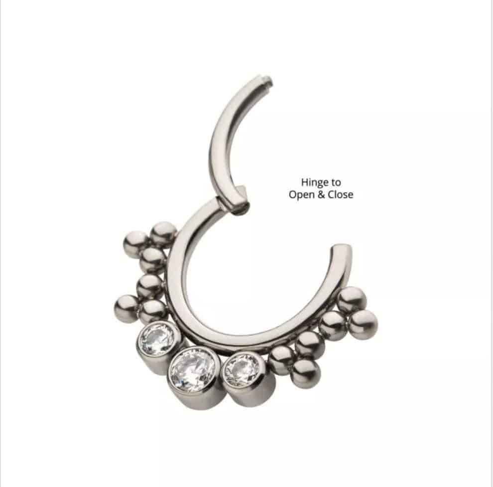 Titanium with 3 Cluster Bezel Set CZ & Trio Beads Front Facing Hinged Segment Clicker