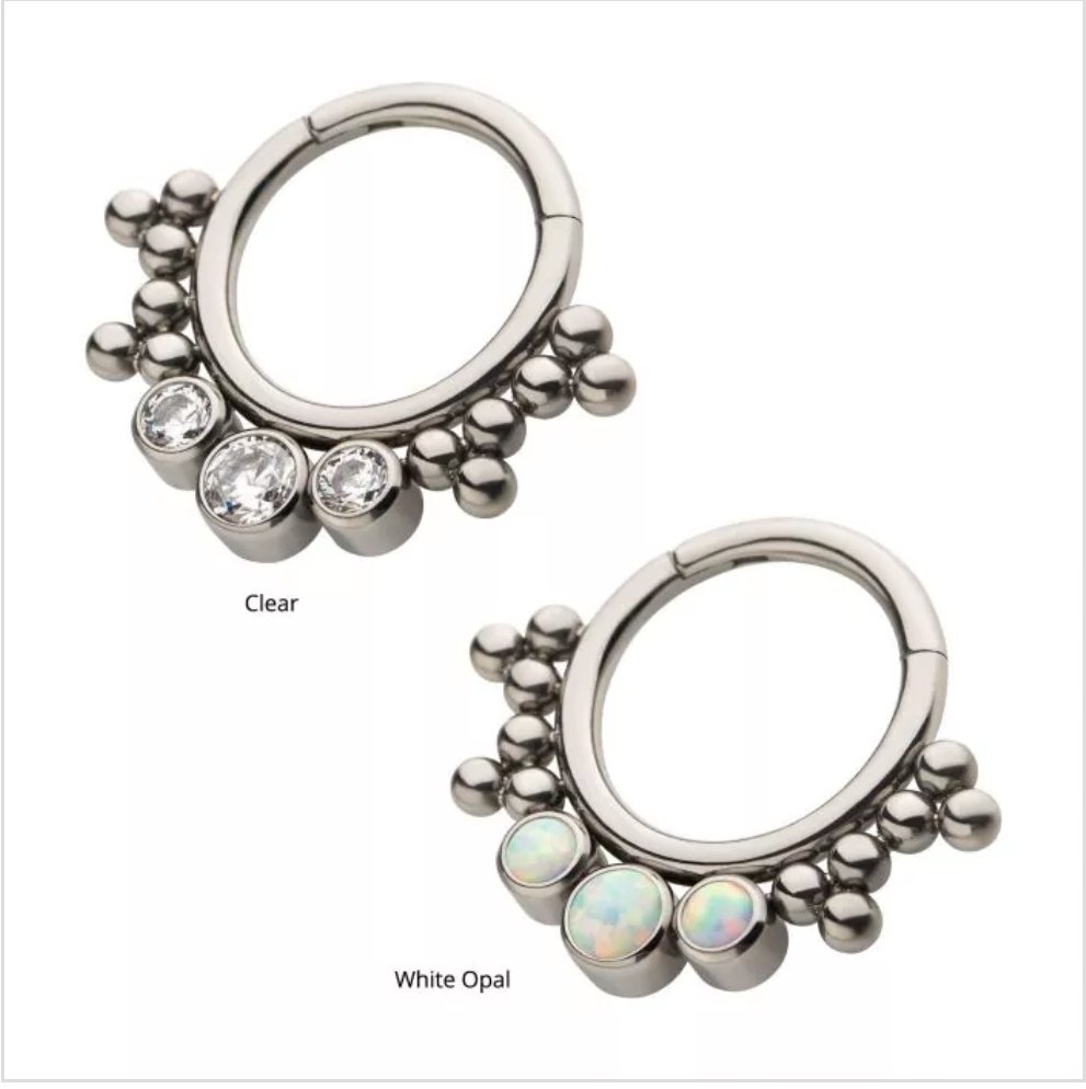 Titanium with 3 Cluster Bezel Set CZ & Trio Beads Front Facing Hinged Segment Clicker