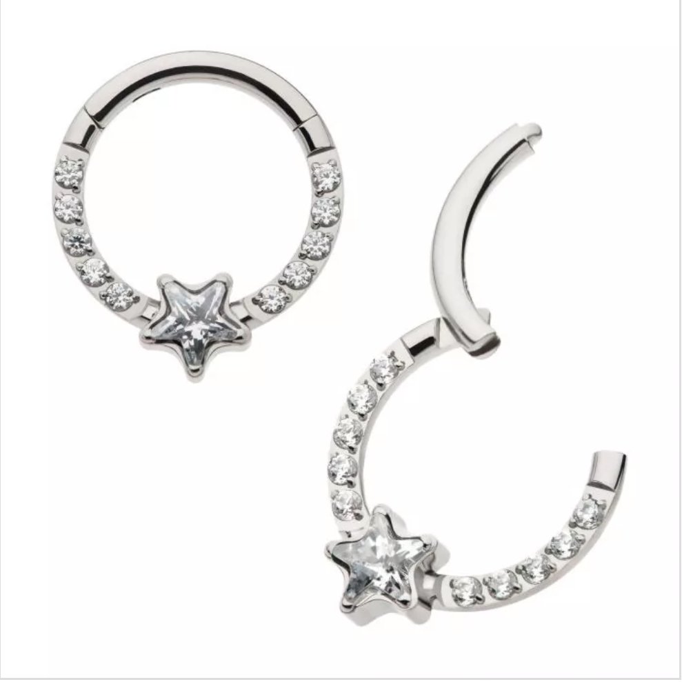 Titanium with 1mm CNC Set Full Clear CZ &amp; Big Star CZ Front Facing Hinged Segment Clicker