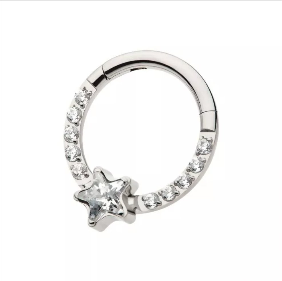 Titanium with 1mm CNC Set Full Clear CZ &amp; Big Star CZ Front Facing Hinged Segment Clicker