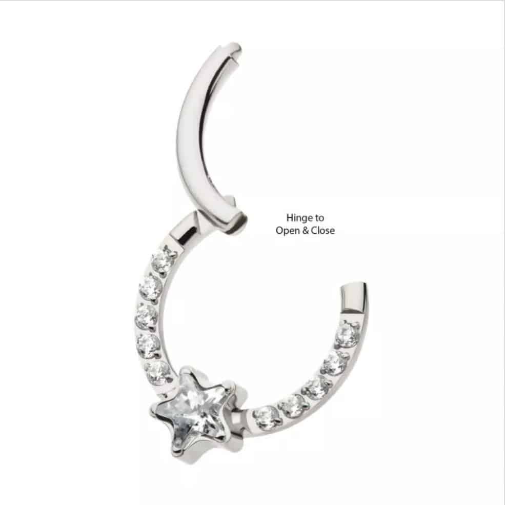 Titanium with 1mm CNC Set Full Clear CZ &amp; Big Star CZ Front Facing Hinged Segment Clicker