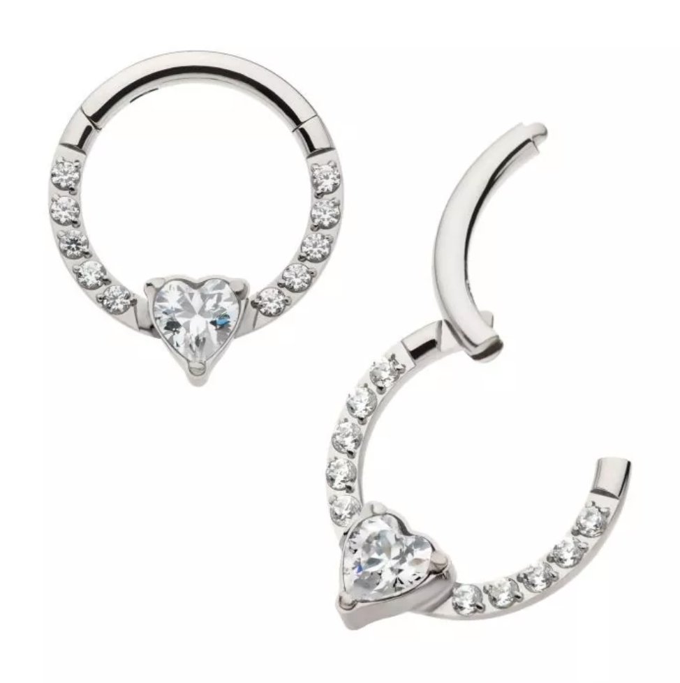 Titanium with 1mm CNC Set Full Clear CZ &amp; Big Heart CZ Front Facing Hinged Segment Clicker